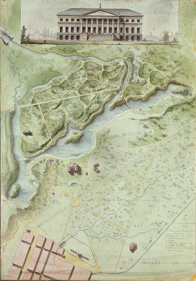 Peterhof, Russland: Ansicht des Englischen Palastes und Plan des Parks von Giacomo Antonio Domenico Quarenghi